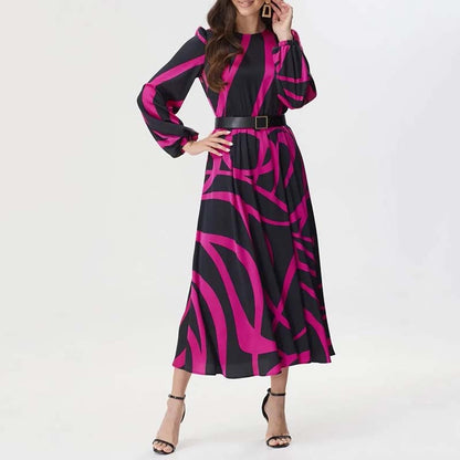 Women's Long Sleeve Belted Dress with Bold Geometric Print