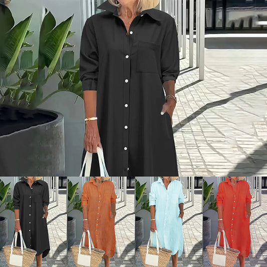 🔥Women’s Trendy Solid Color Long Sleeve Shirt Dress